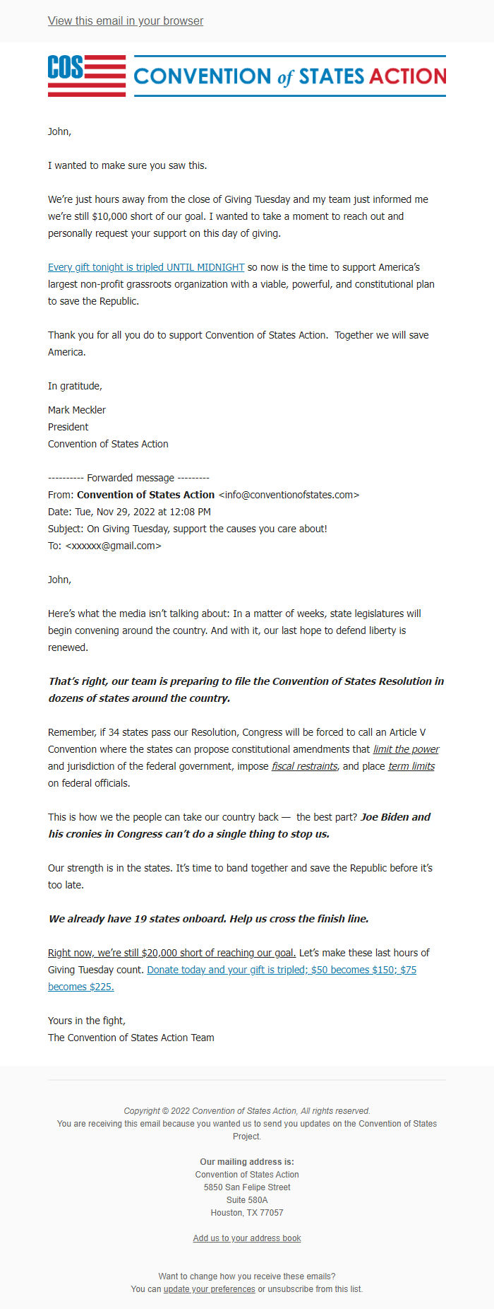 Screenshot of the email generated on import