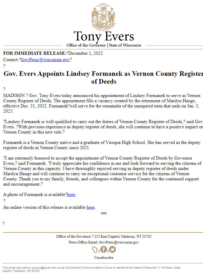 Screenshot of the email generated on import