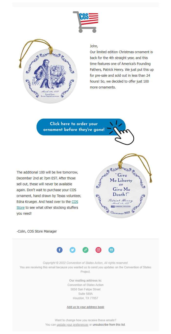 Screenshot of the email generated on import