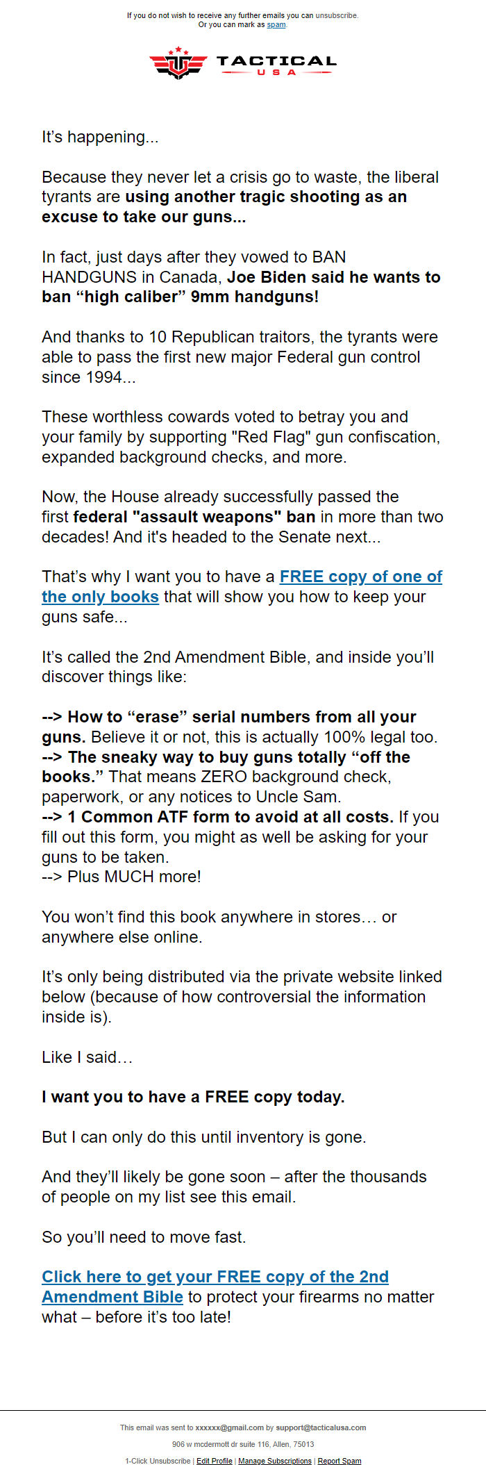 Screenshot of the email generated on import