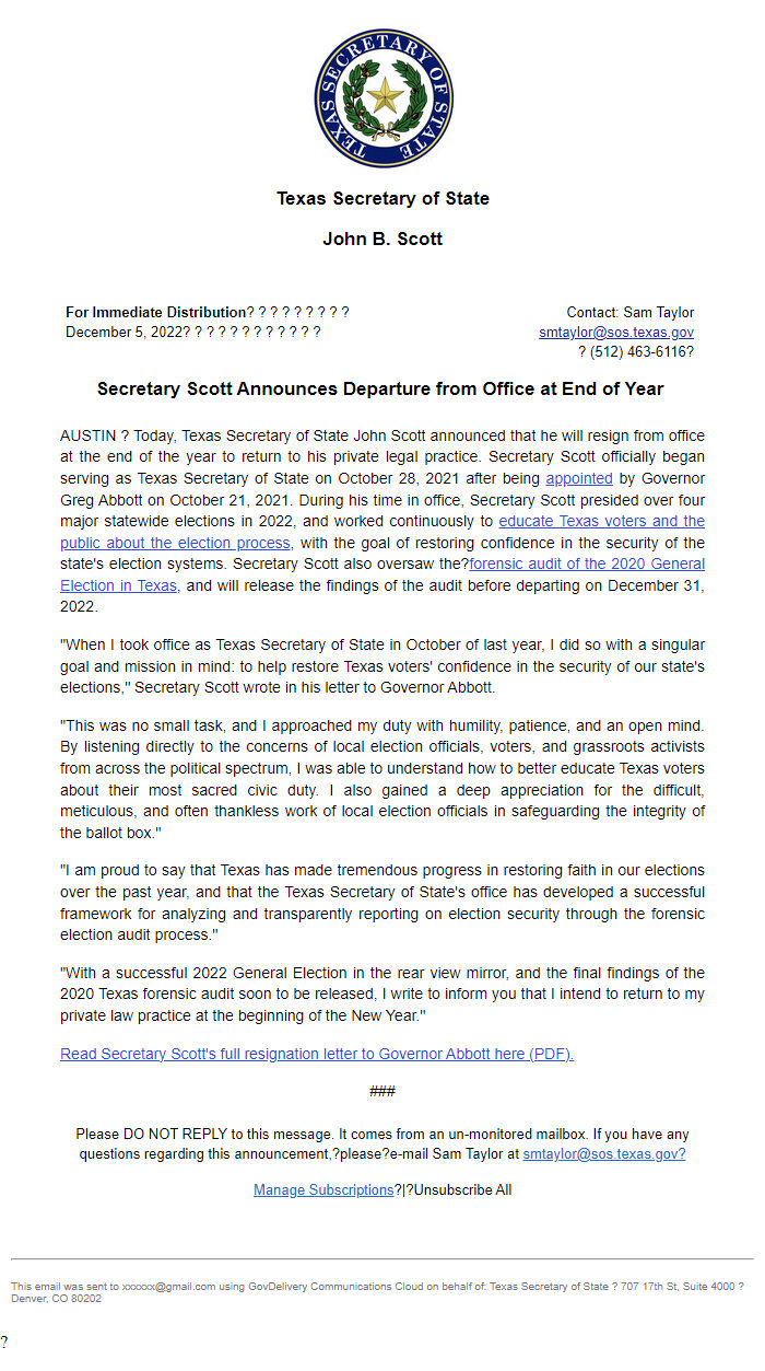 Screenshot of the email generated on import