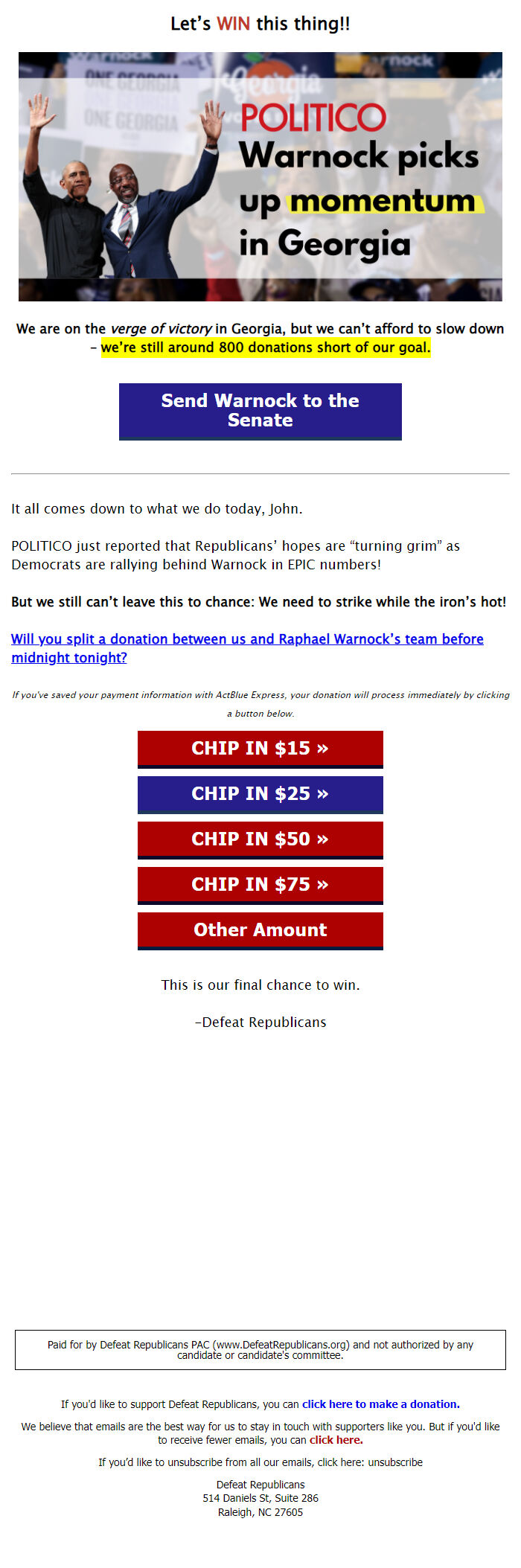 Screenshot of the email generated on import