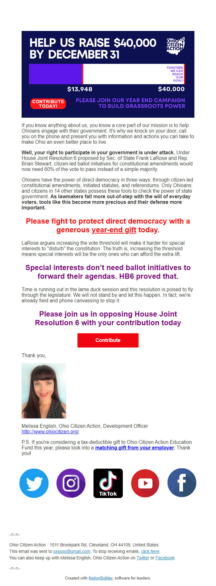 Screenshot of the email generated on import
