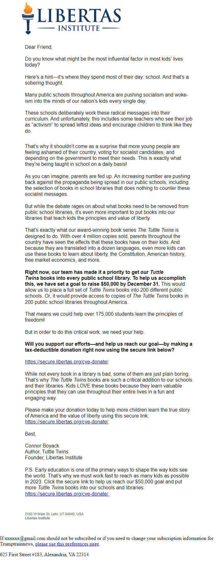 Screenshot of the email generated on import