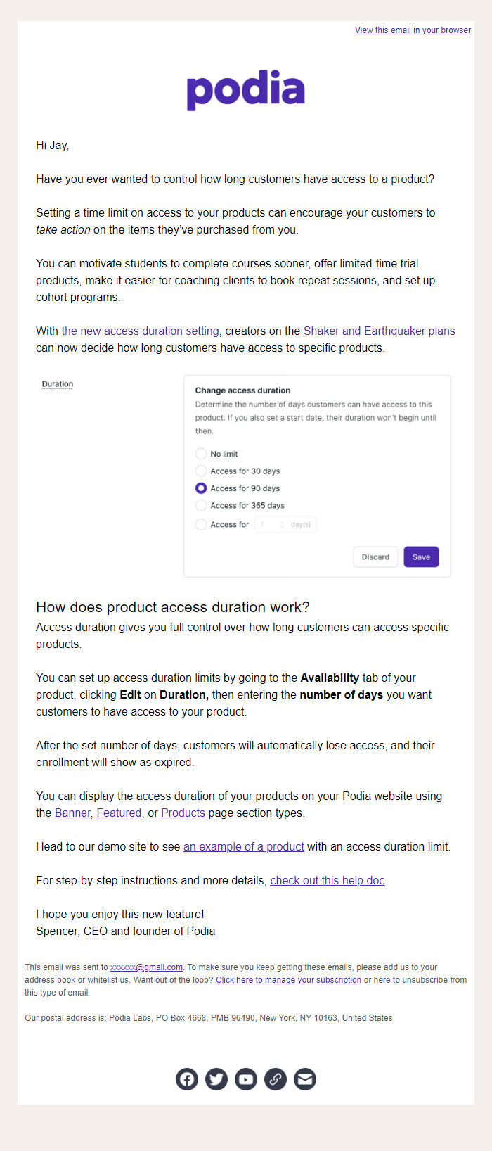 Screenshot of the email generated on import