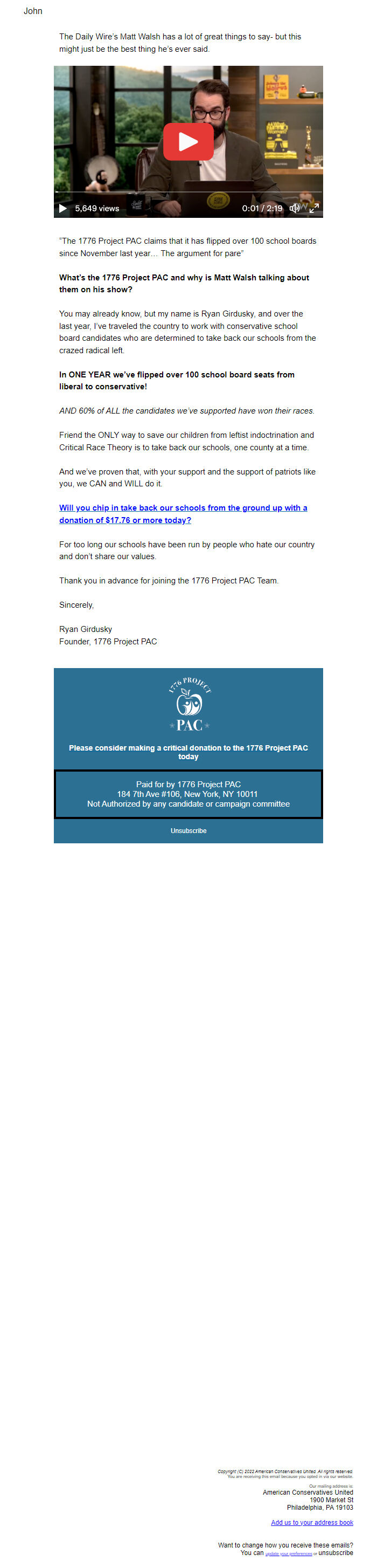 Screenshot of the email generated on import