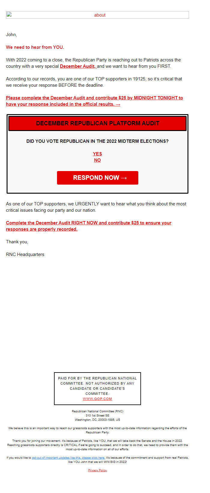Screenshot of the email generated on import