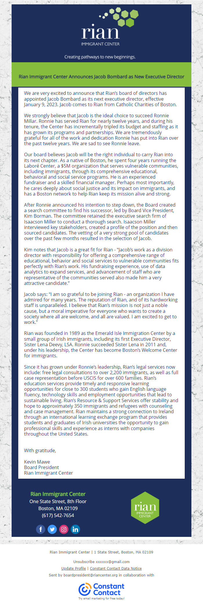 Screenshot of the email generated on import