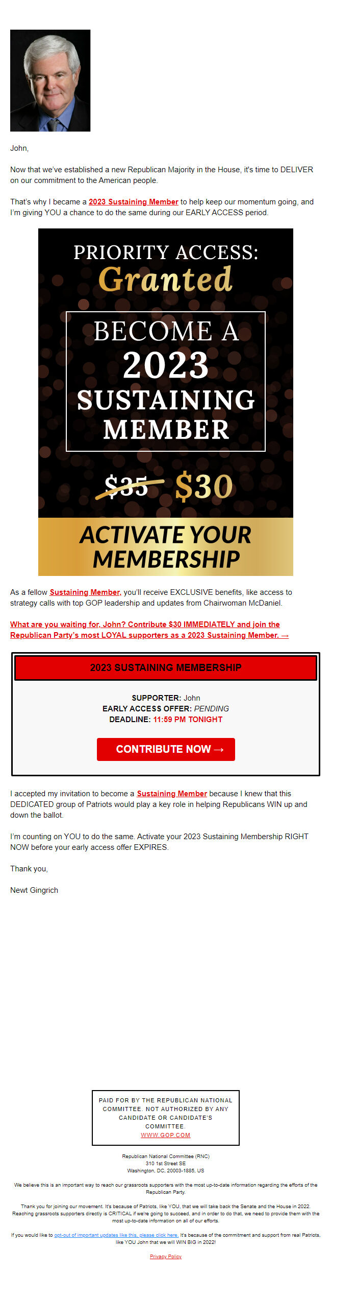 Screenshot of the email generated on import