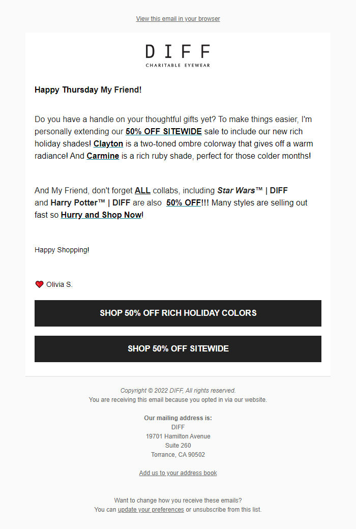 Screenshot of the email generated on import