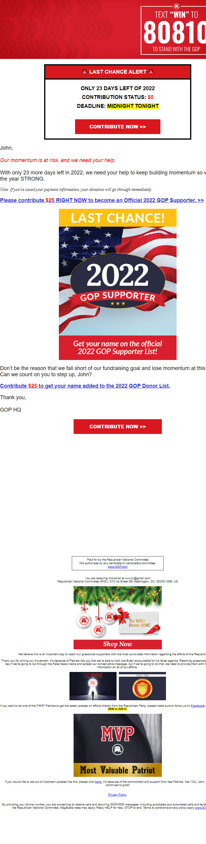 Screenshot of the email generated on import
