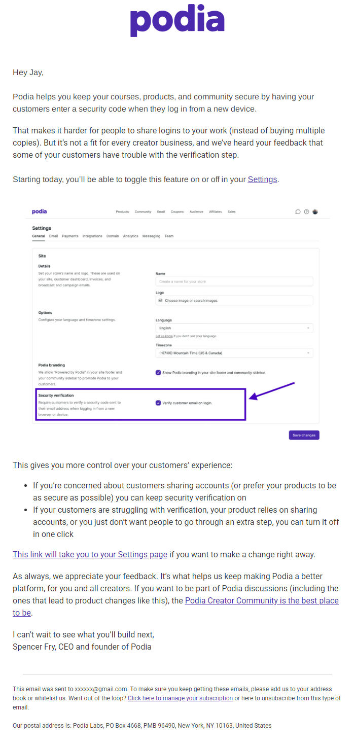 Screenshot of the email generated on import