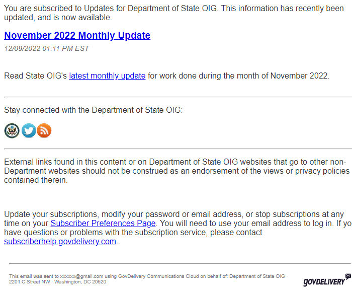 Screenshot of the email generated on import