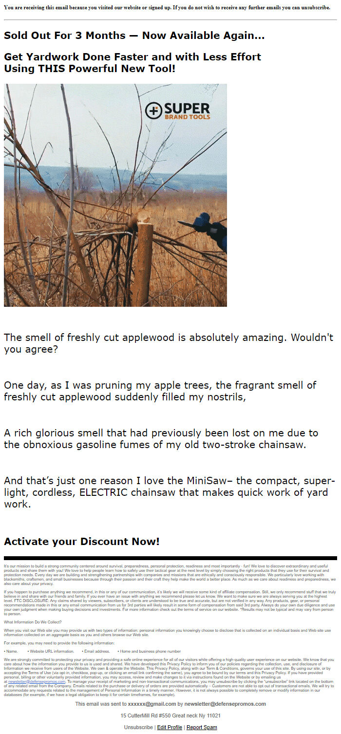 Screenshot of the email generated on import