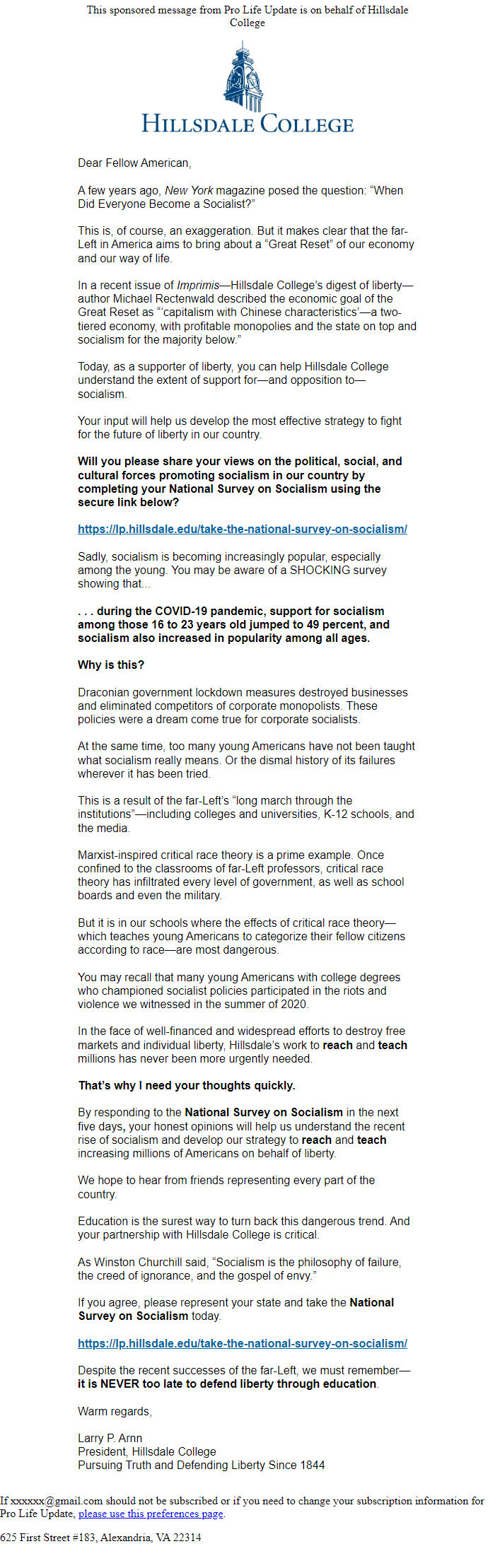Screenshot of the email generated on import