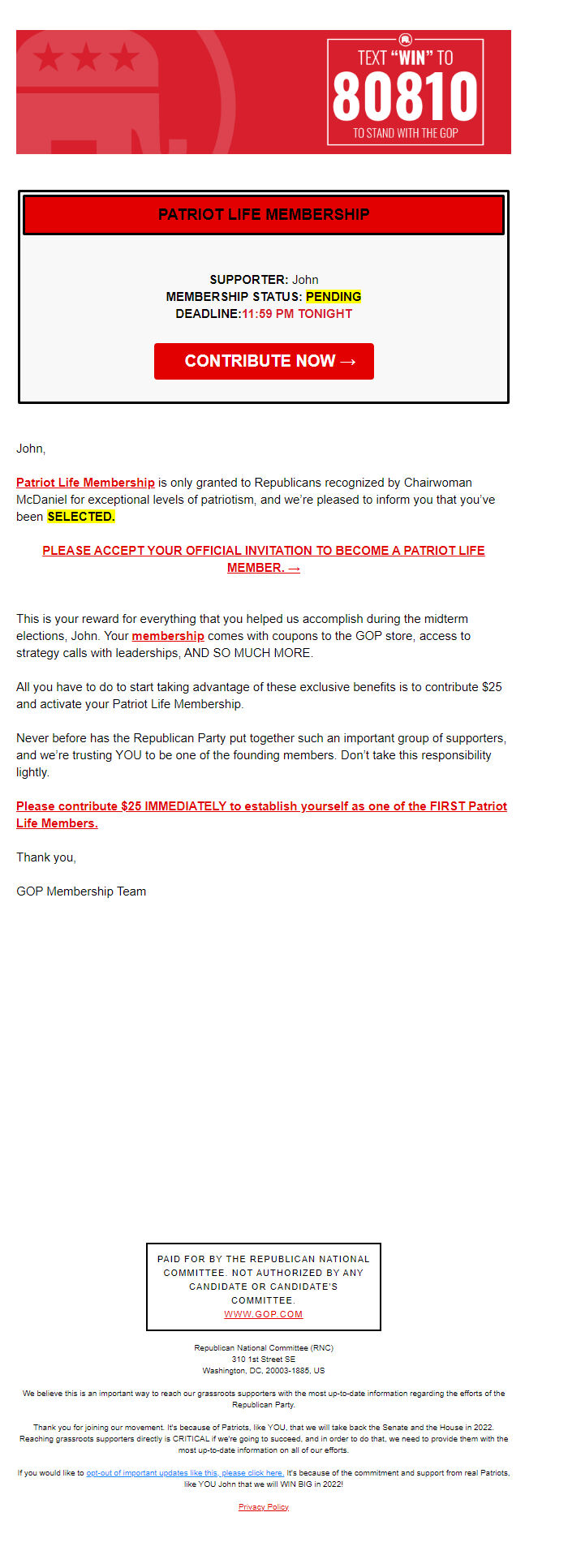 Screenshot of the email generated on import