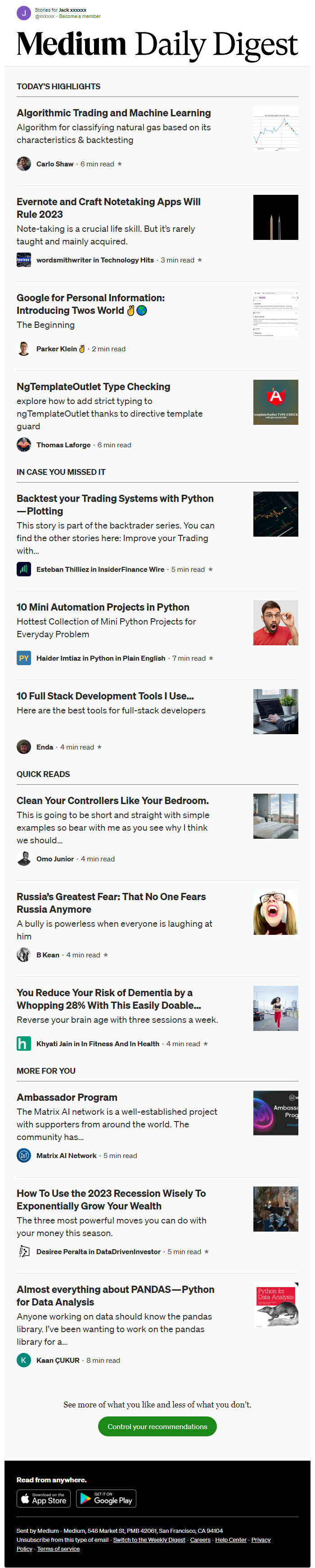 Screenshot of the email generated on import