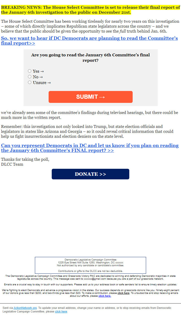 Screenshot of the email generated on import