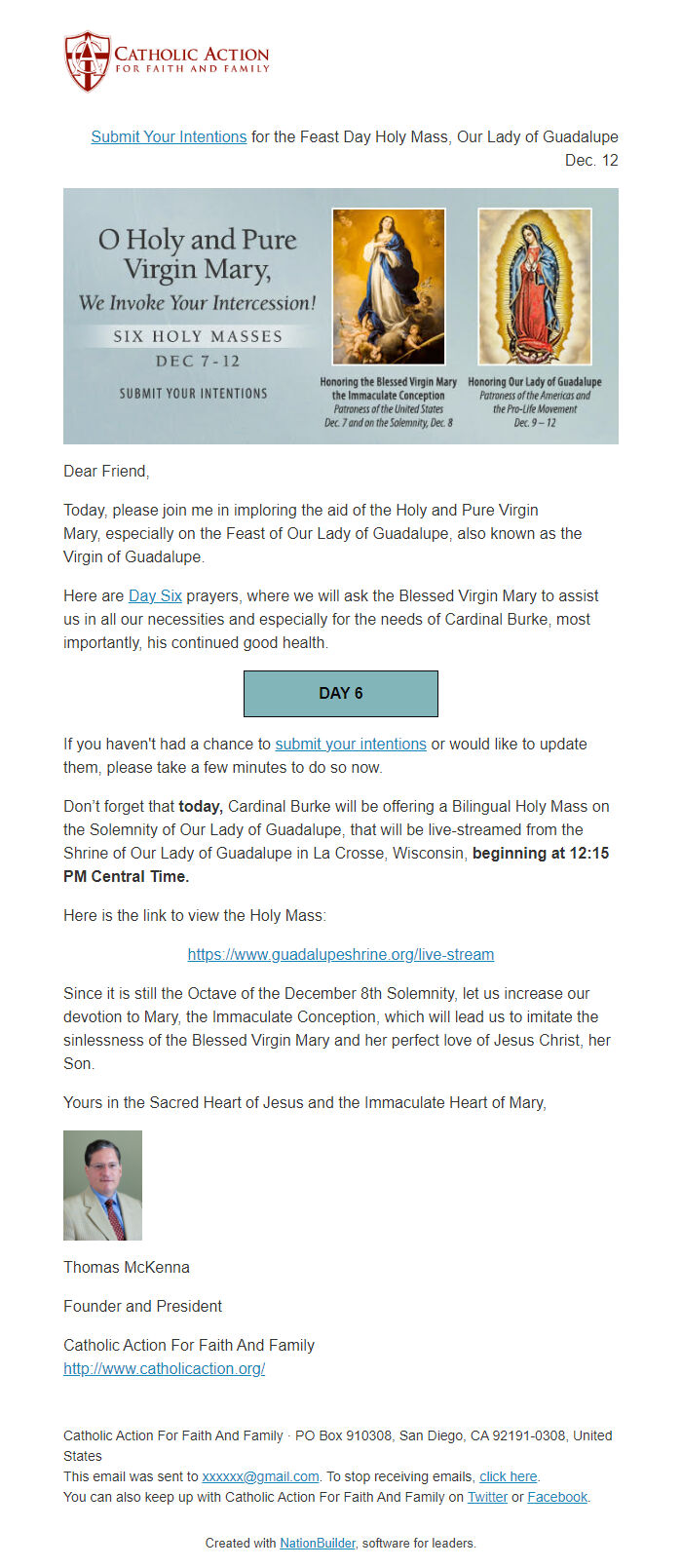 Screenshot of the email generated on import