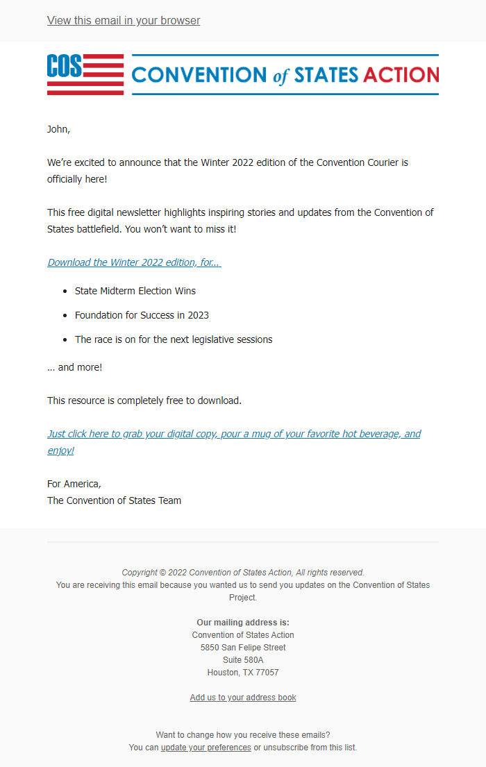 Screenshot of the email generated on import