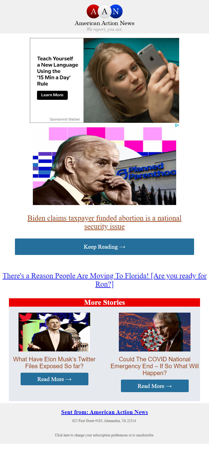 Screenshot of the email generated on import