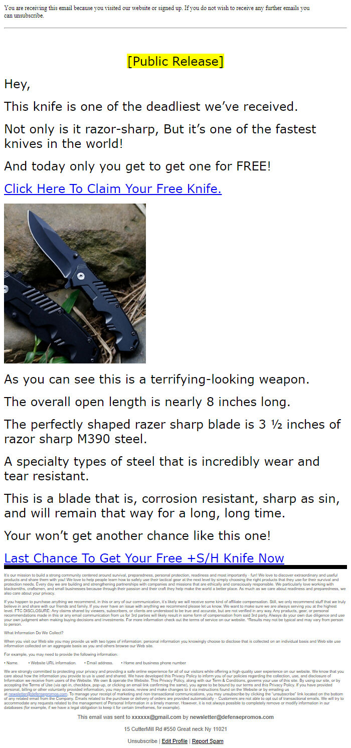 Screenshot of the email generated on import