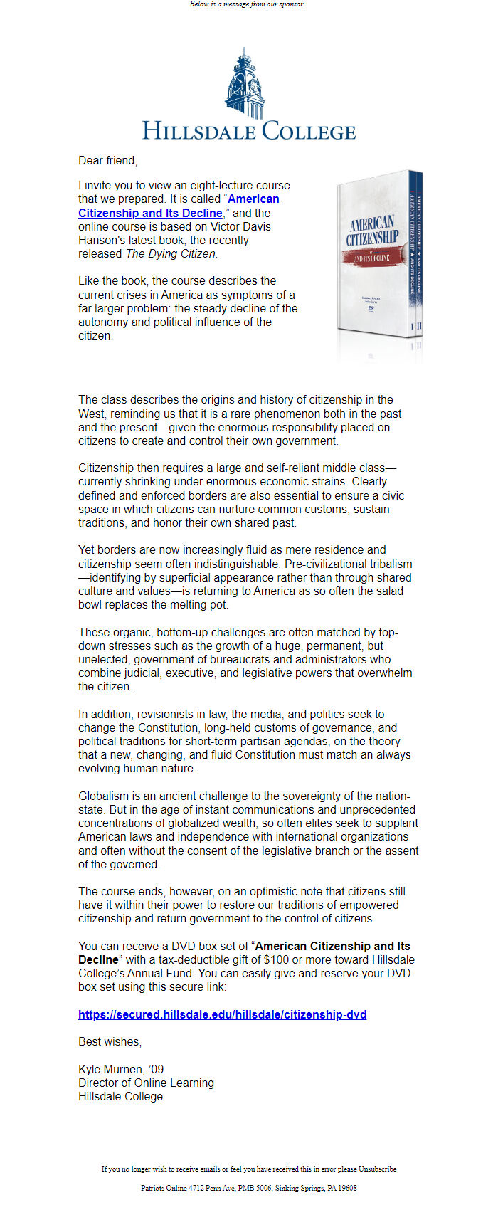 Screenshot of the email generated on import