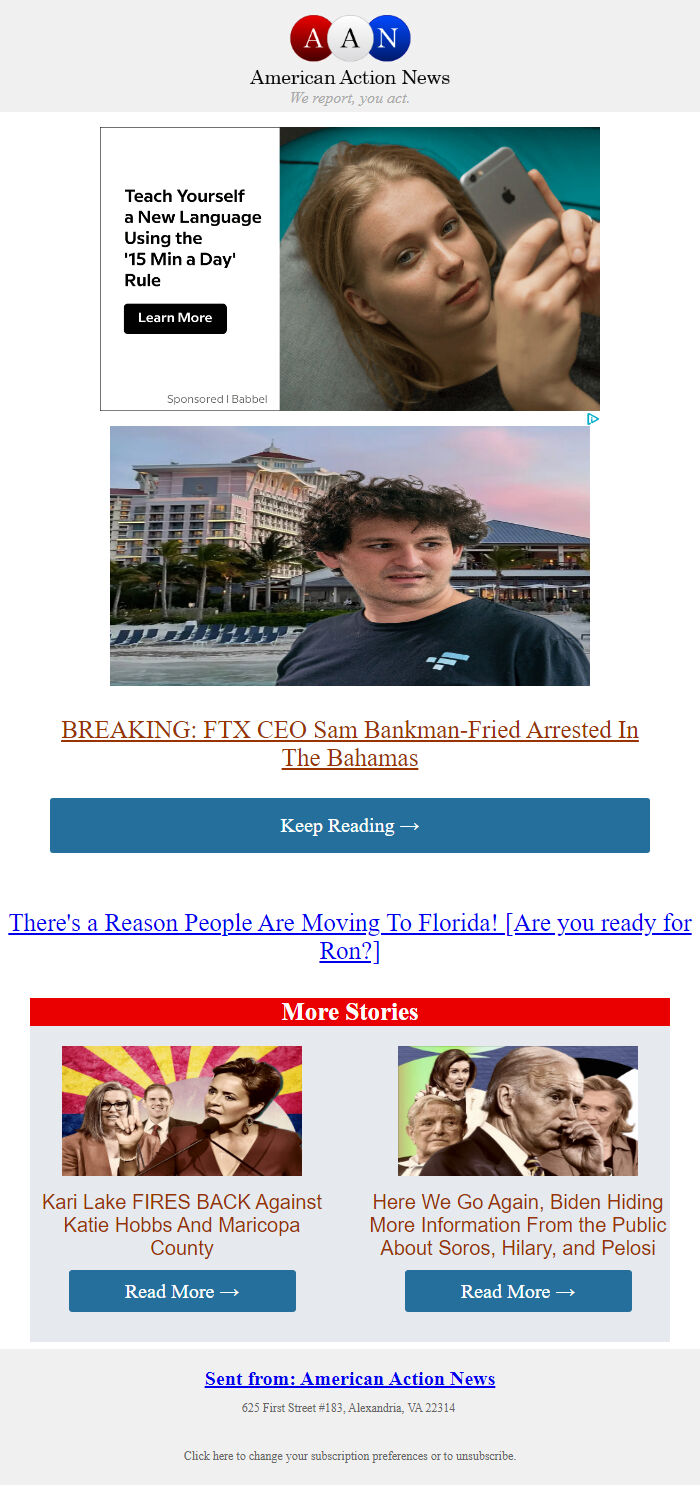 Screenshot of the email generated on import