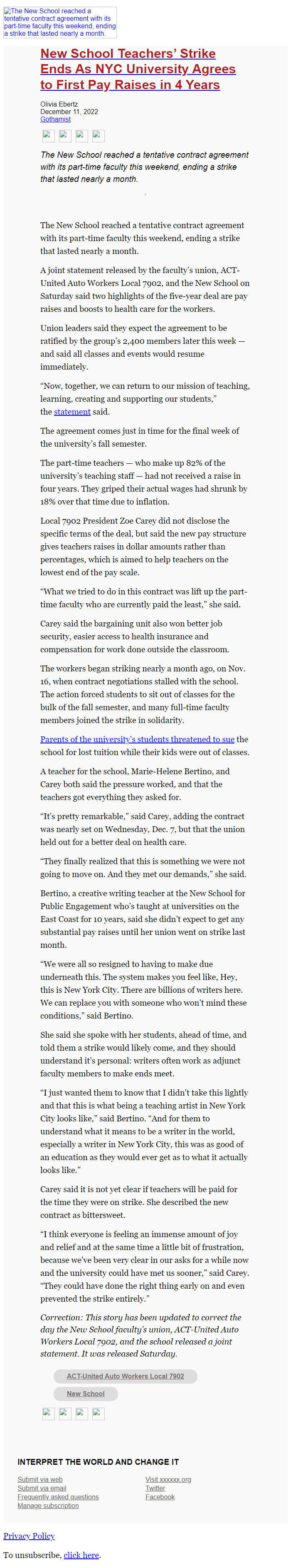 Screenshot of the email generated on import
