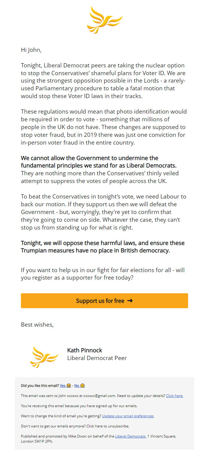 Screenshot of the email generated on import