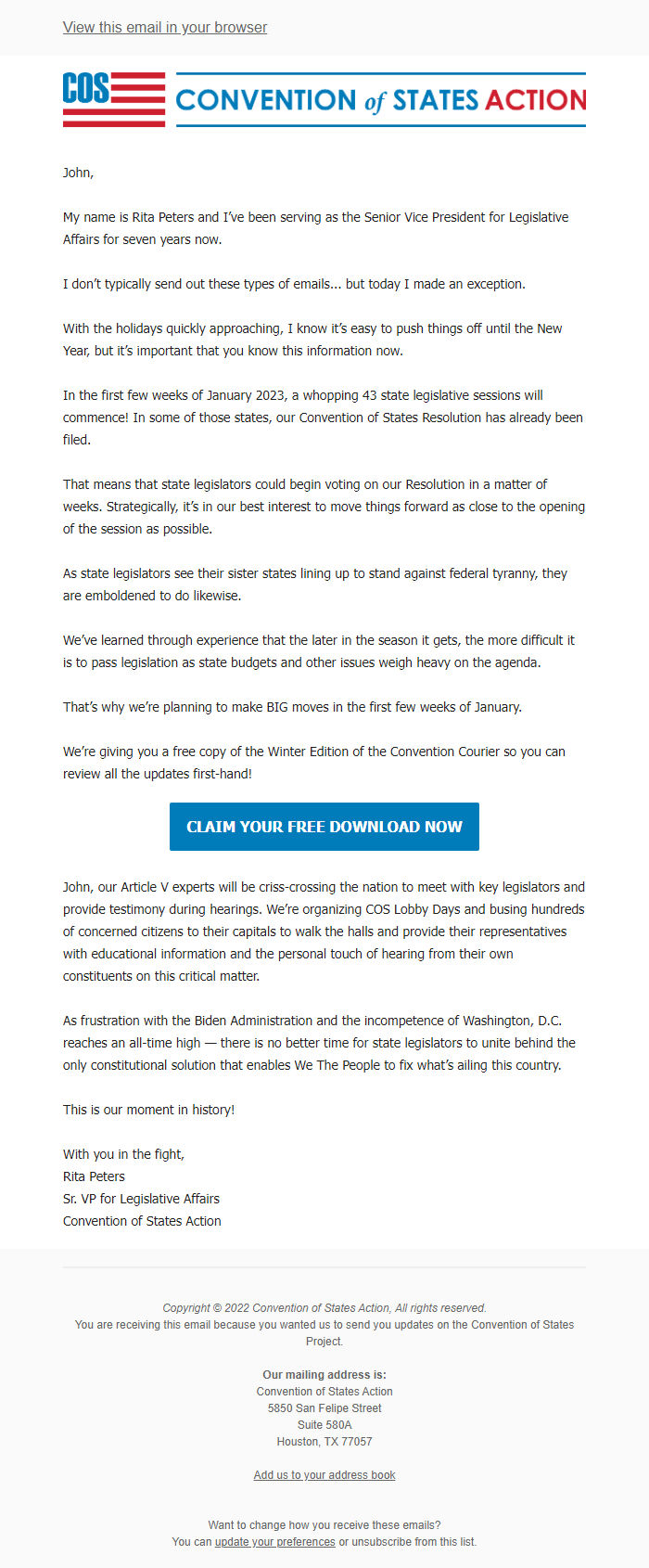 Screenshot of the email generated on import