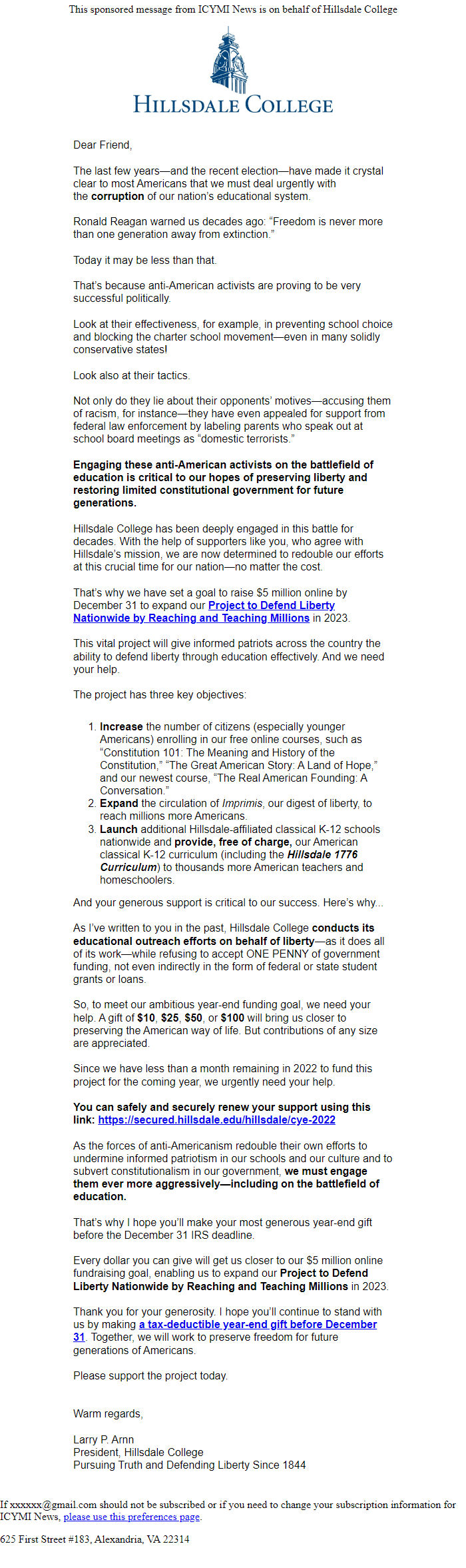 Screenshot of the email generated on import