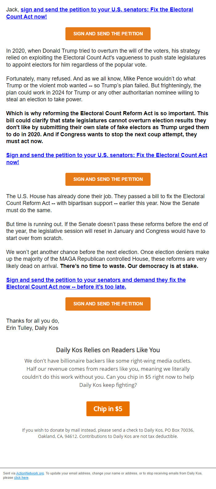 Screenshot of the email generated on import