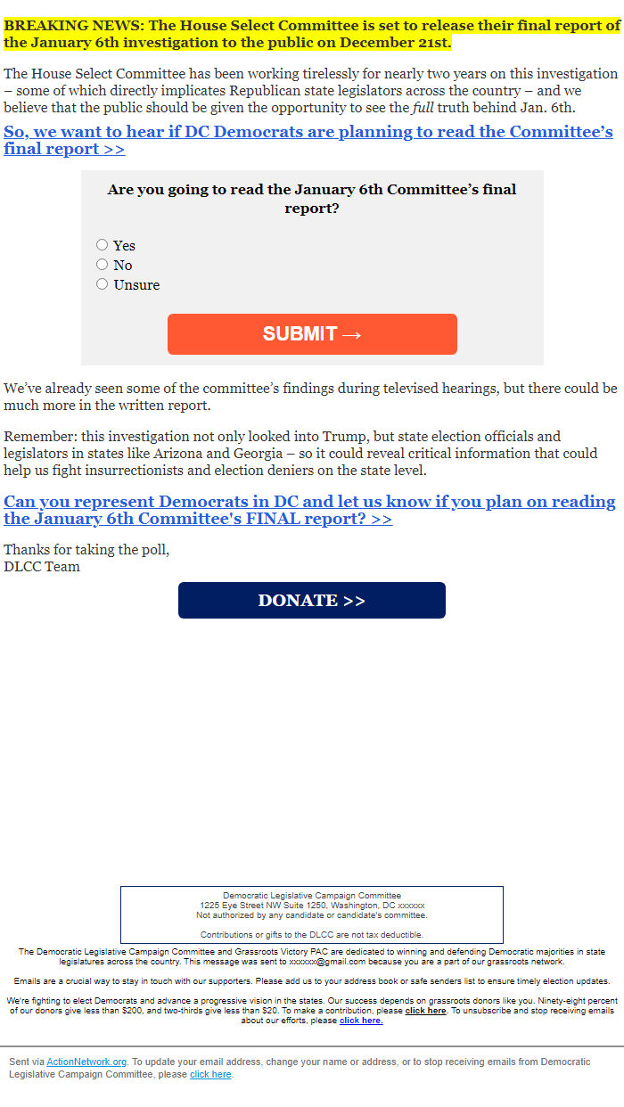 Screenshot of the email generated on import