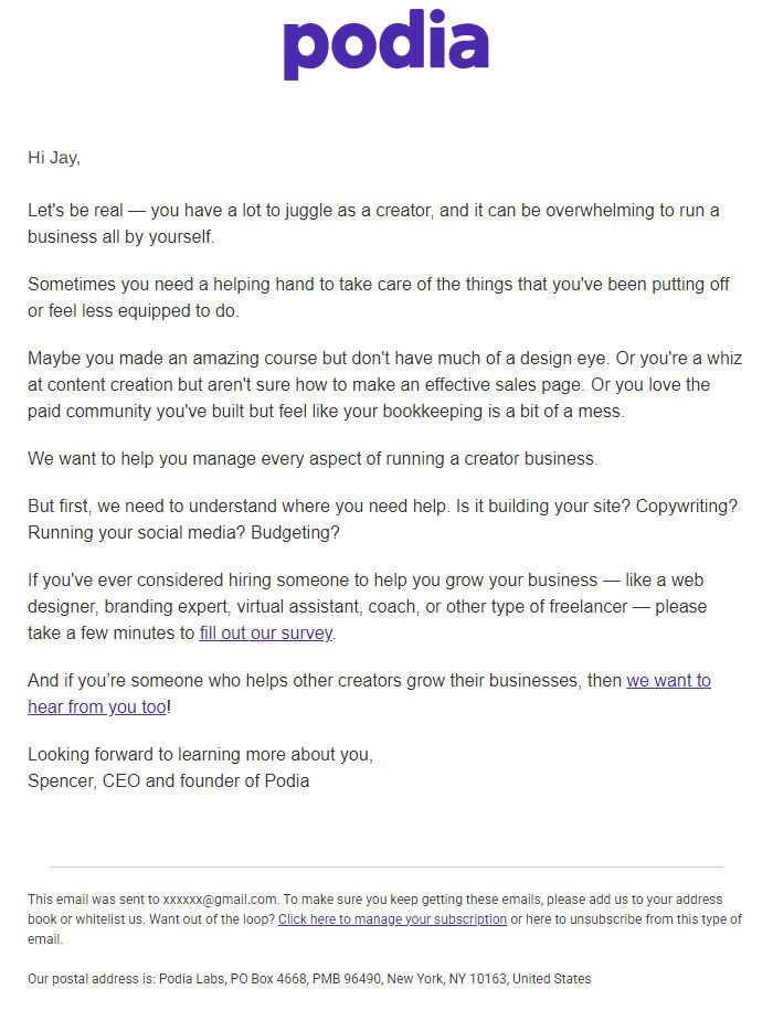 Screenshot of the email generated on import