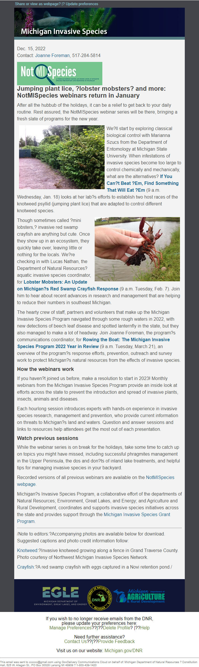 Screenshot of the email generated on import