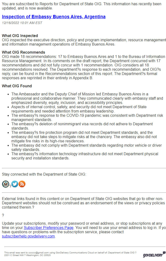 Screenshot of the email generated on import