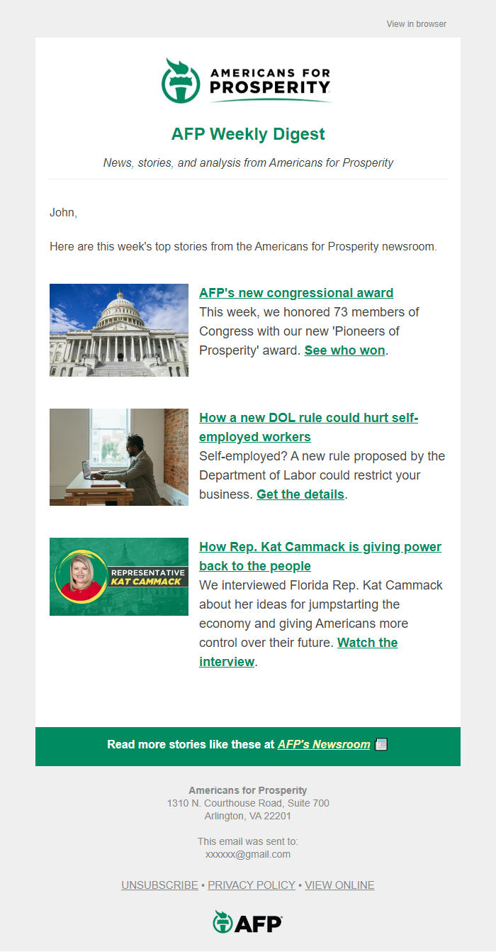 Screenshot of the email generated on import