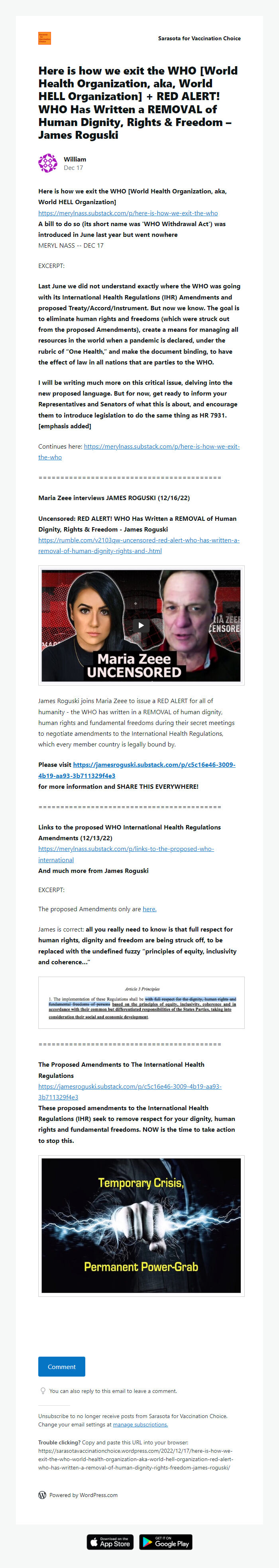 Screenshot of the email generated on import