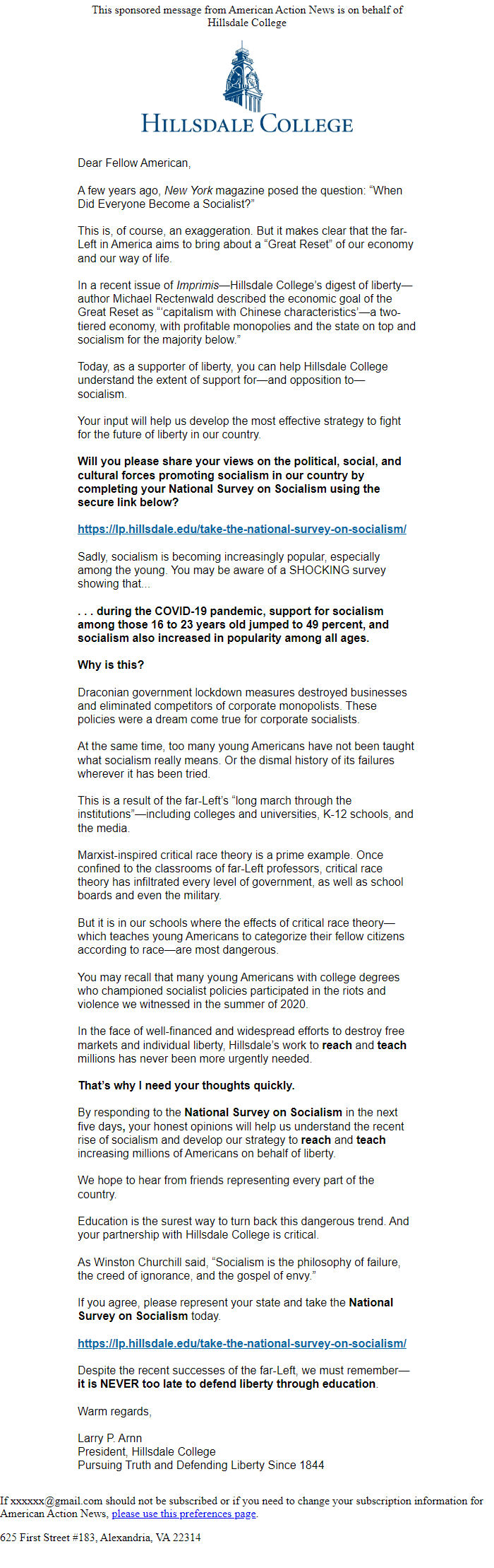 Screenshot of the email generated on import