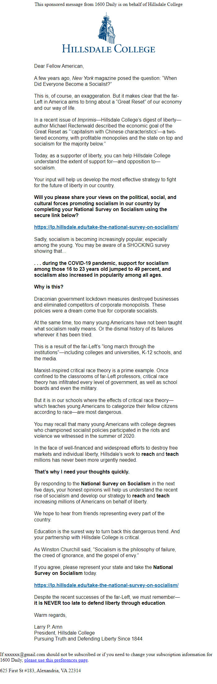 Screenshot of the email generated on import