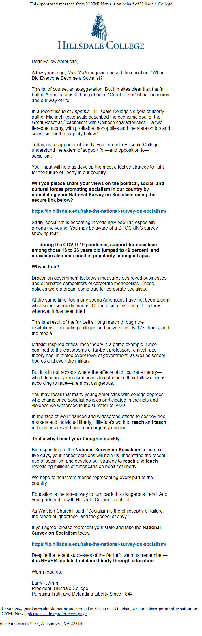Screenshot of the email generated on import