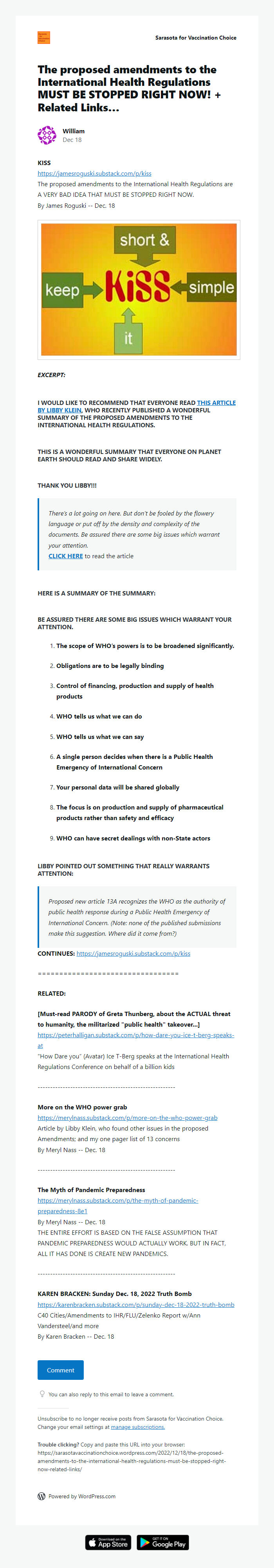Screenshot of the email generated on import