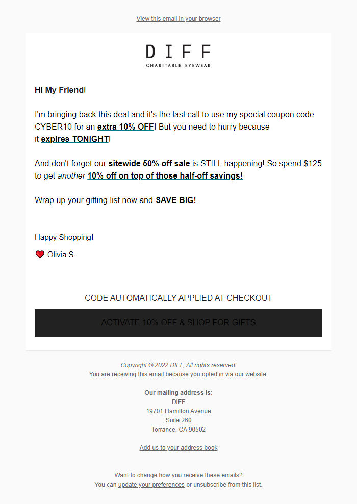 Screenshot of the email generated on import