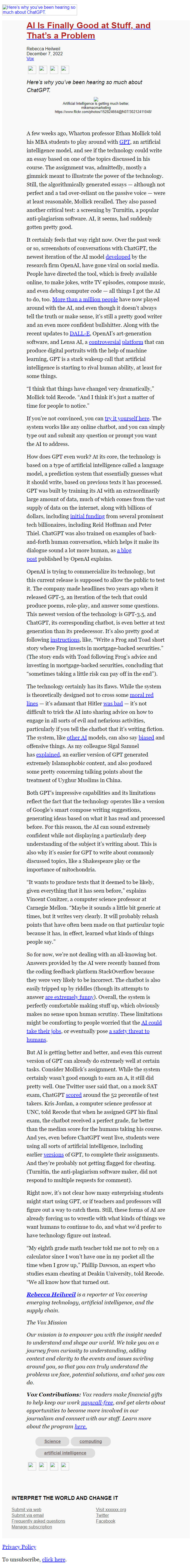 Screenshot of the email generated on import