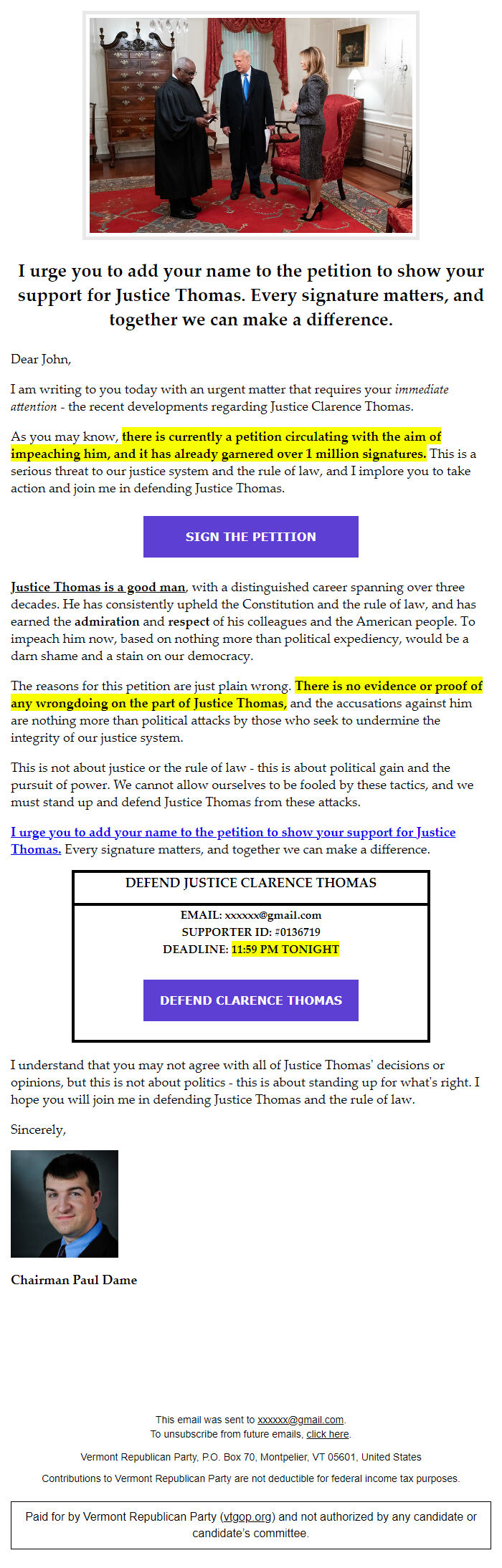 Screenshot of the email generated on import
