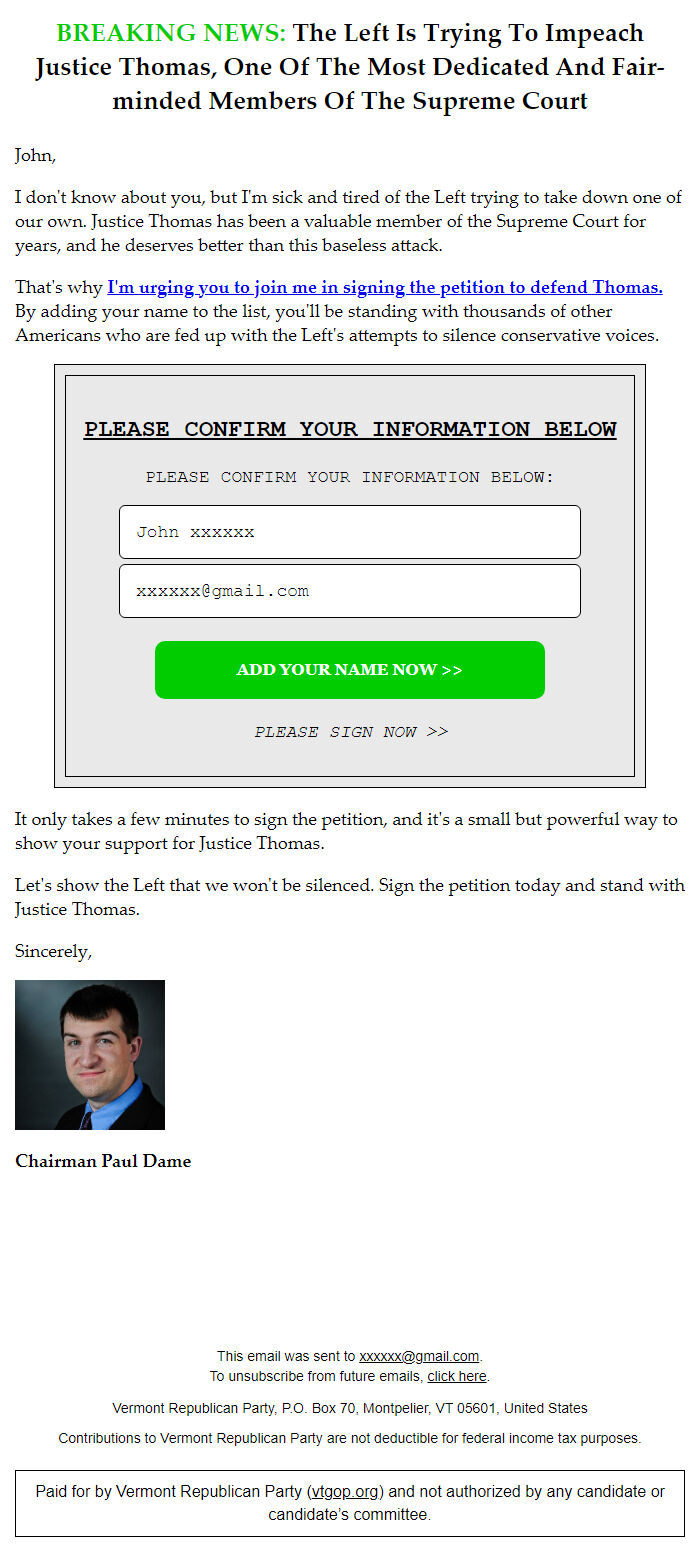 Screenshot of the email generated on import