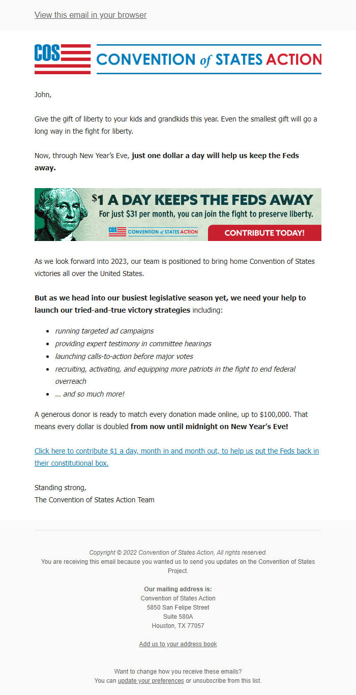 Screenshot of the email generated on import