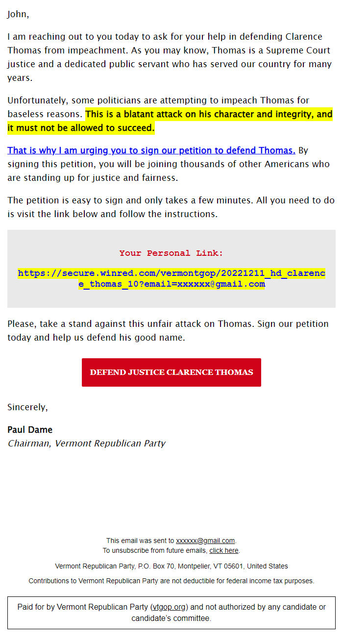 Screenshot of the email generated on import