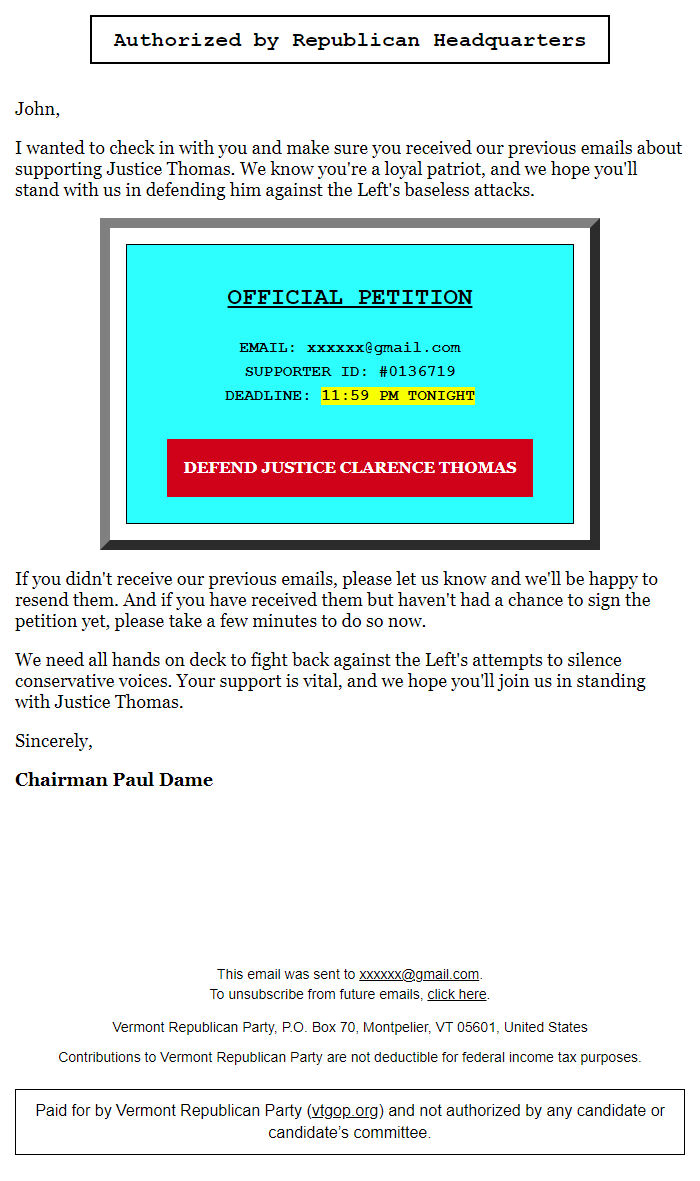 Screenshot of the email generated on import